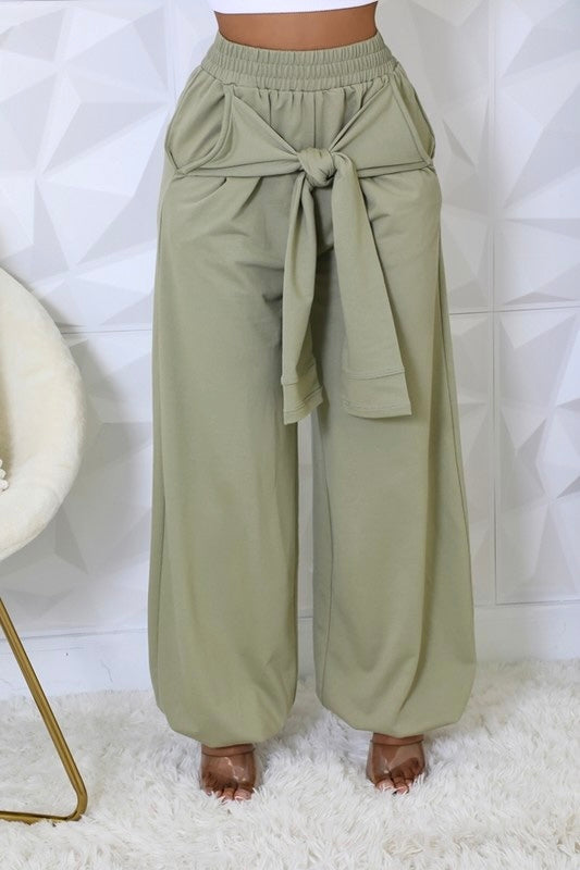 High-Waisted Pants: Twist of Fate Olive Tie Front Stretch Pants