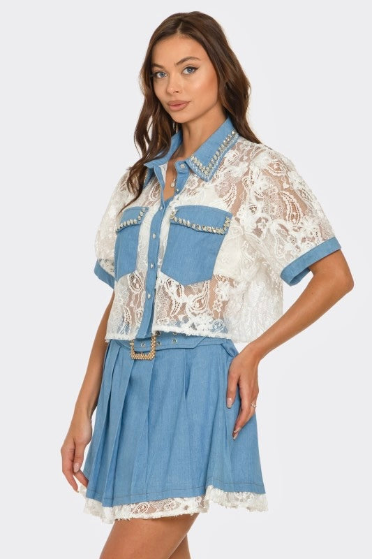 Denim Rhinestone Belted Lace Skirt Set: Daisy Lace