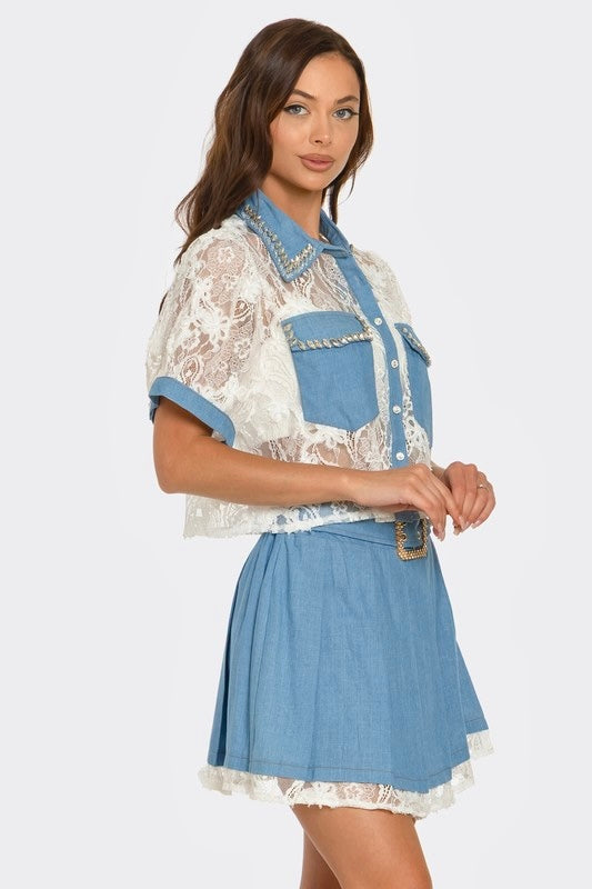 Denim Rhinestone Belted Lace Skirt Set: Daisy Lace