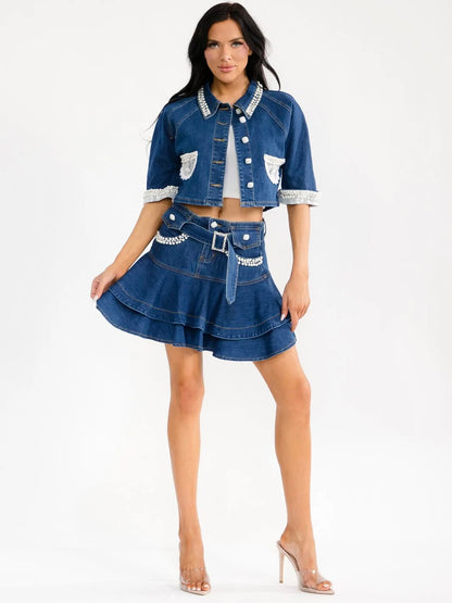 Pearl Denim Skirt Set: Almost Famous