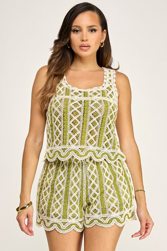 Green Crochet Top & Shorts Set: Tulum Breeze