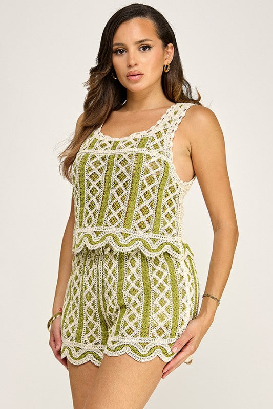 Green Crochet Top & Shorts Set: Tulum Breeze