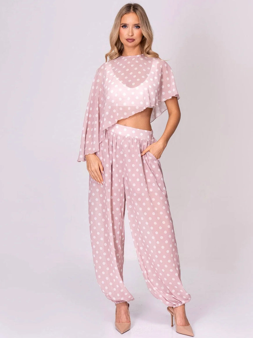 Polka Dot 2-Piece Pant Set: Pretty in Pink High Low Crop Top & Elastic Waist Jogger Set