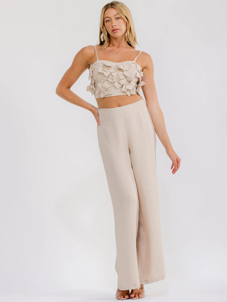 Sleeveless Crop Top & 2-Piece Pants Set : Petals & Prosecco Flower Detail Top & Zip Up Pants