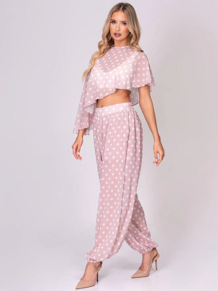 Polka Dot 2-Piece Pant Set: Pretty in Pink High Low Crop Top & Elastic Waist Jogger Set