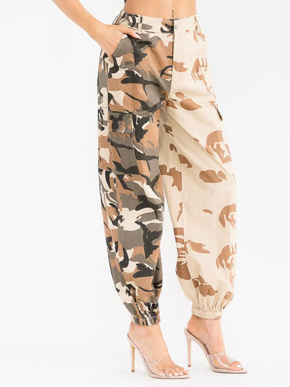 Camo Cargo Pockets Print Joggers: Weekend Warrior Button Closure Denim Pants