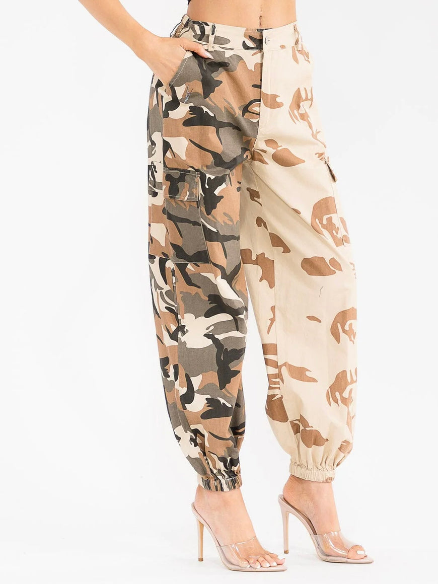Camo Cargo Pockets Print Joggers: Weekend Warrior Button Closure Denim Pants