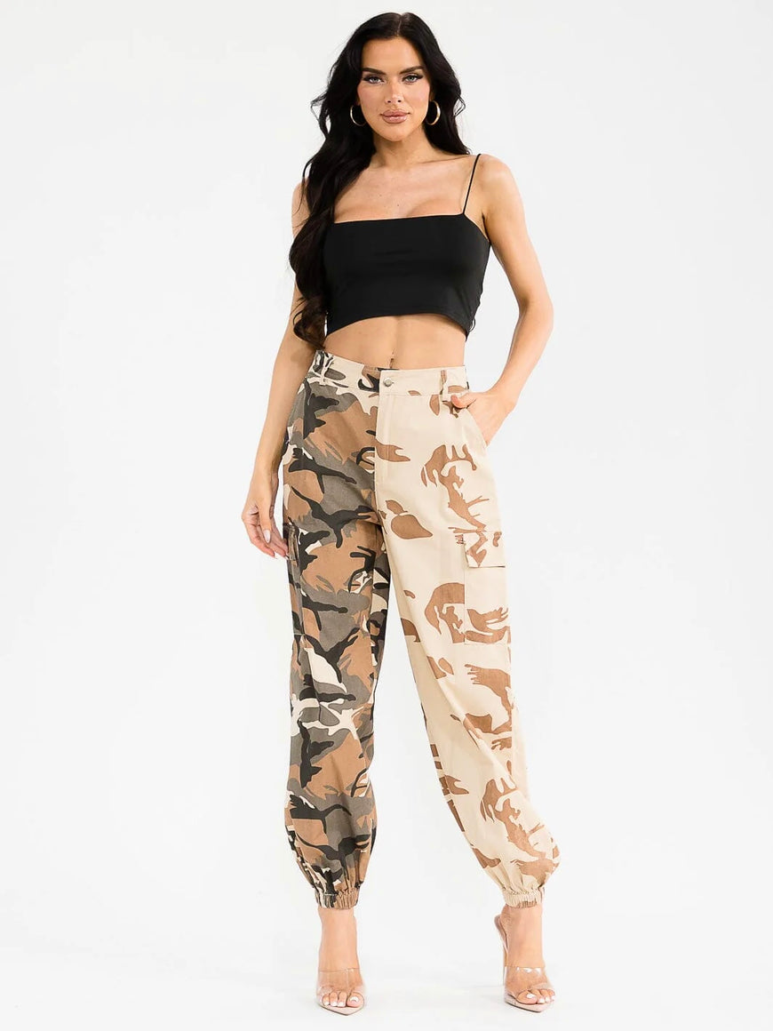 Camo Cargo Pockets Print Joggers: Weekend Warrior Button Closure Denim Pants