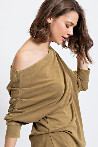 Asymmetric Oversized Off-Shoulder Tunic: Cutting Corners in Soft Olive