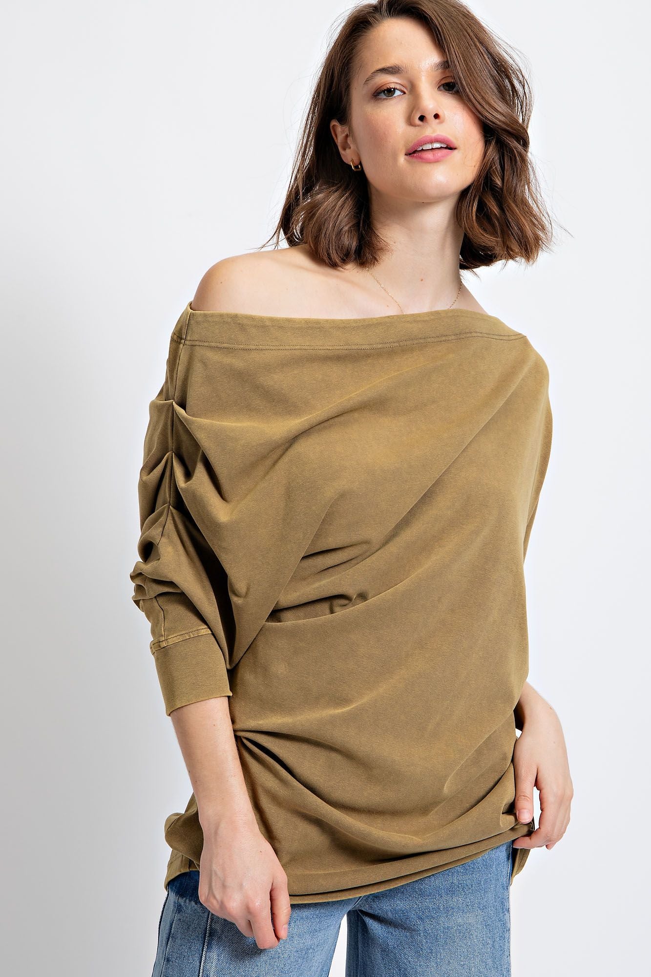Asymmetric Oversized Off-Shoulder Tunic: Cutting Corners in Soft Olive
