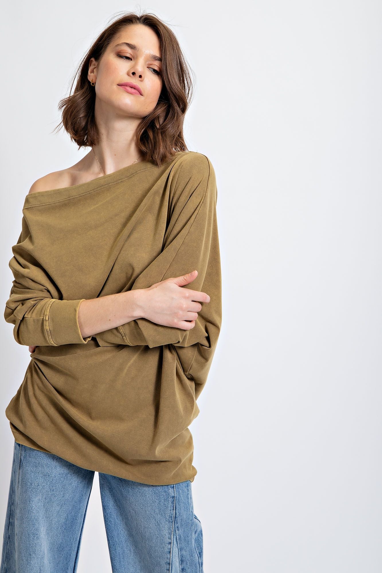 Asymmetric Oversized Off-Shoulder Tunic: Cutting Corners in Soft Olive
