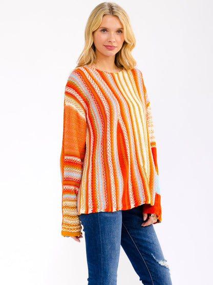 Colorblock Long Sleeve Stripe Sweater: Orange Crush