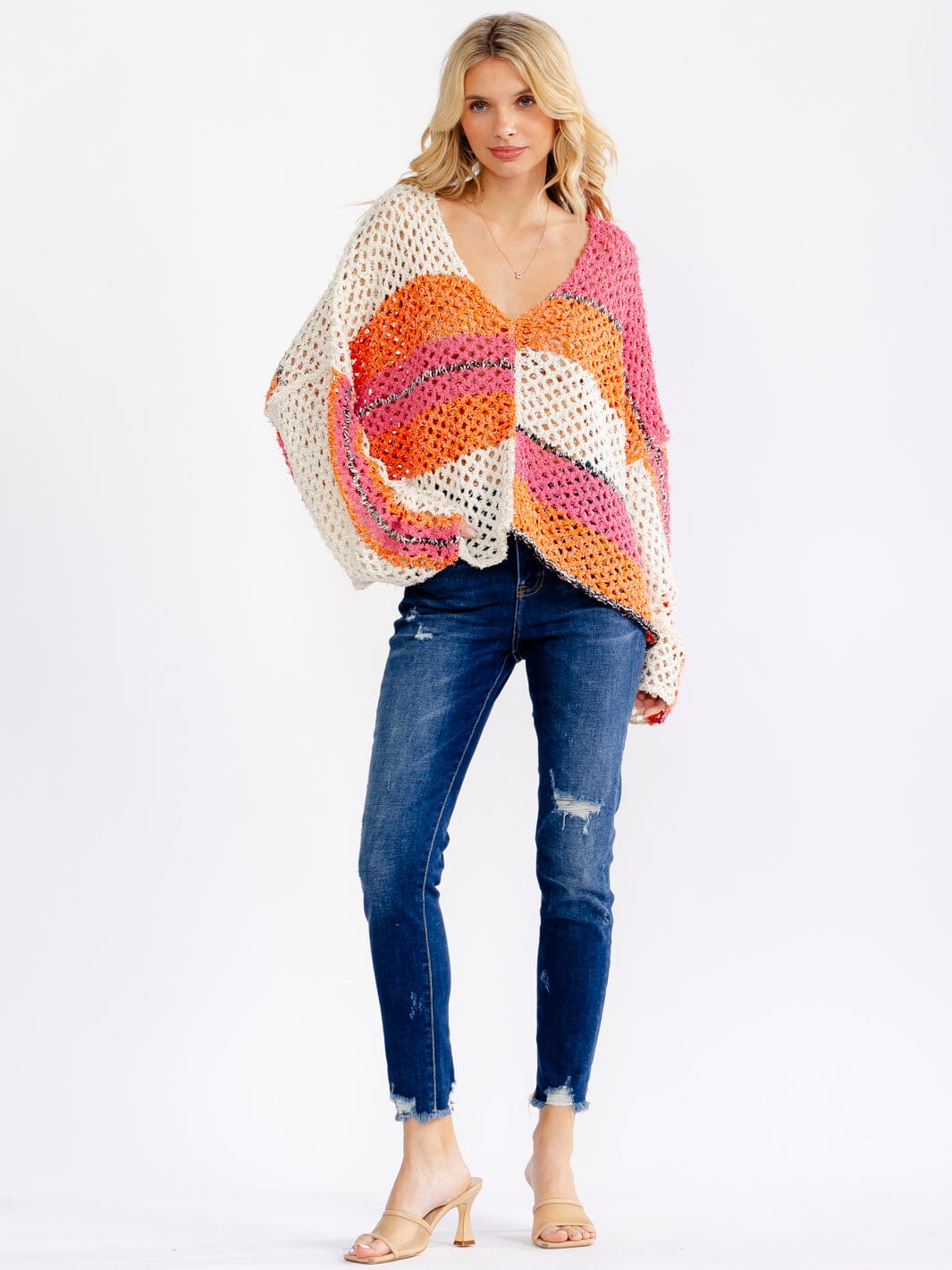 Long Sleeve V-Neck Colorblock Knit Sweater: Winsinkal Sorbet Dreams