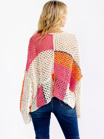 Long Sleeve V-Neck Colorblock Knit Sweater: Winsinkal Sorbet Dreams