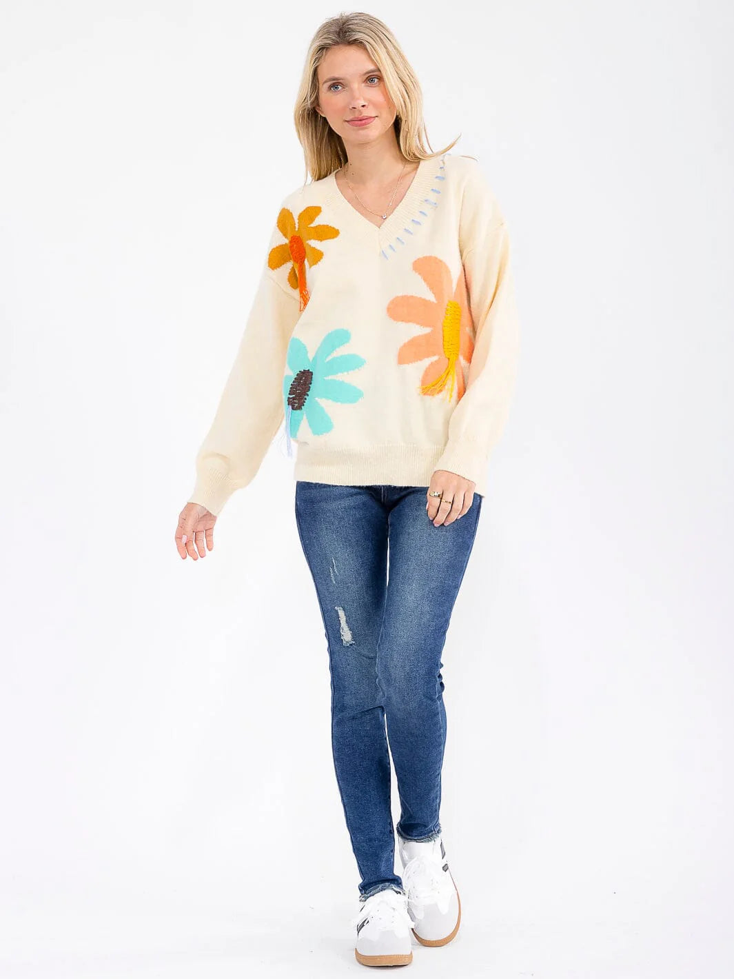 Long Sleeve Elegant V-Neck Floral Sweater: Bloom Where You’re Planted