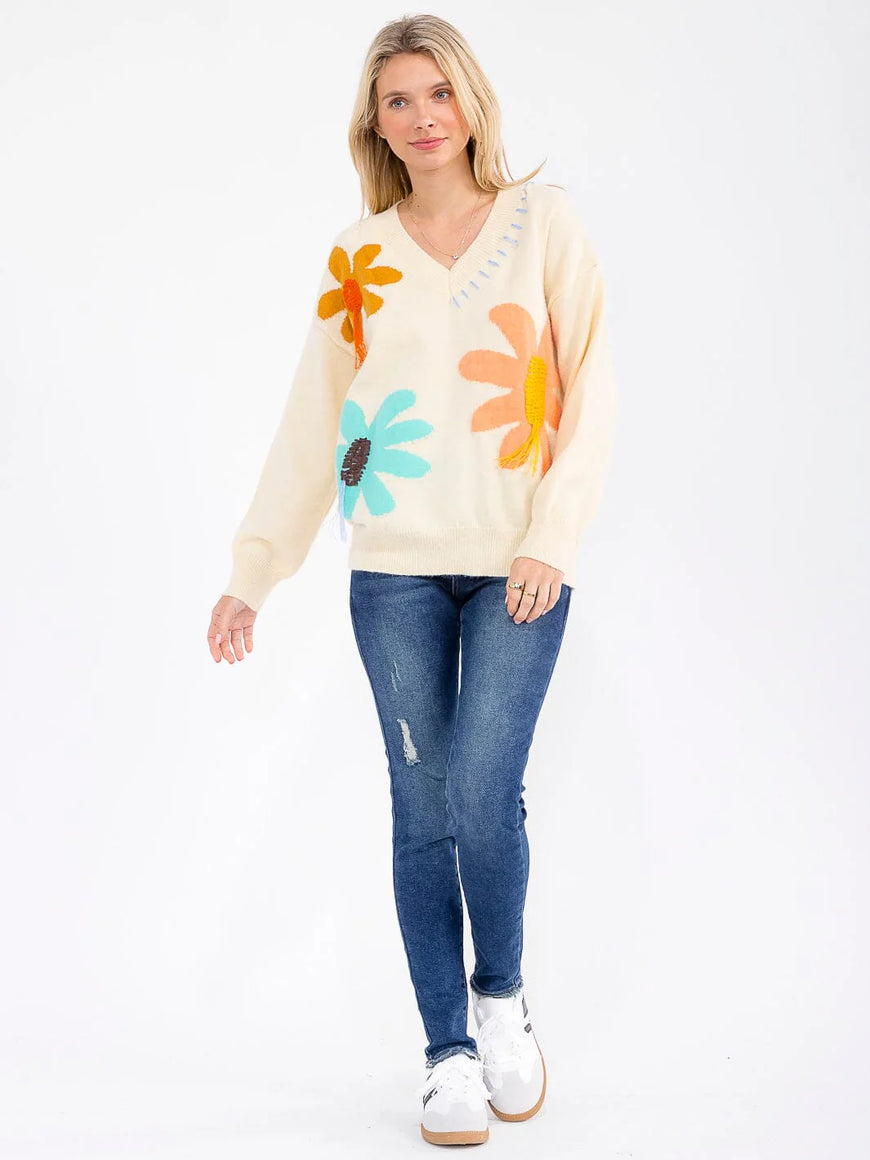 Long Sleeve Elegant V-Neck Floral Sweater: Bloom Where You’re Planted