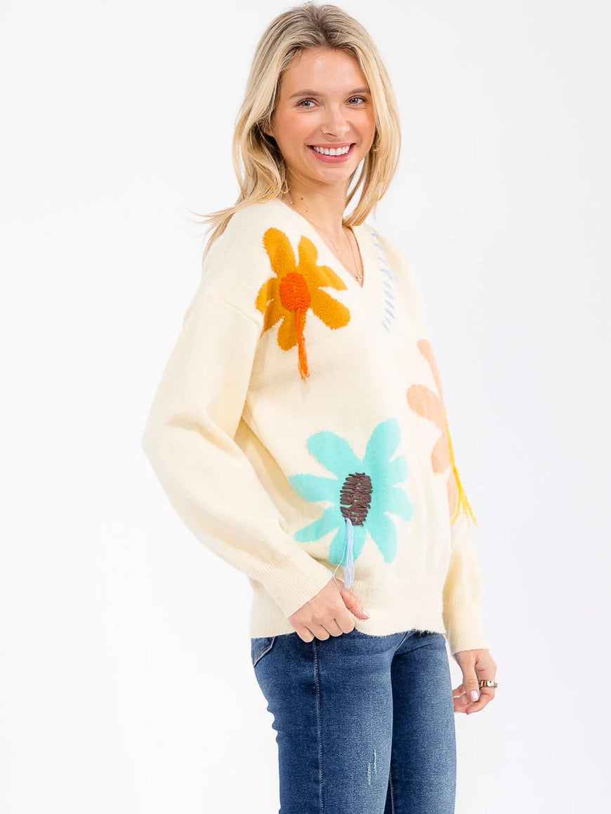 Long Sleeve Elegant V-Neck Floral Sweater: Bloom Where You’re Planted