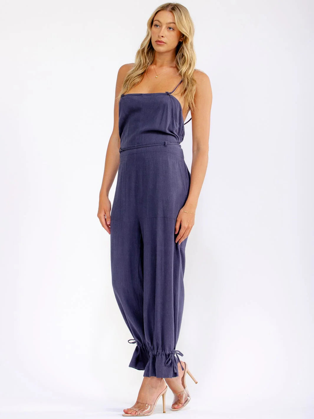Sleeveless Square Neck Open Back Jumpsuit: Summer Fling in Dark Navy Blue