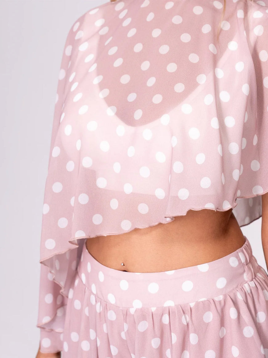 Polka Dot 2-Piece Pant Set: Pretty in Pink High Low Crop Top & Elastic Waist Jogger Set