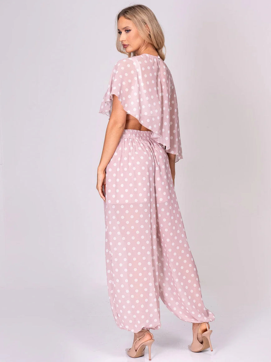 Polka Dot 2-Piece Pant Set: Pretty in Pink High Low Crop Top & Elastic Waist Jogger Set