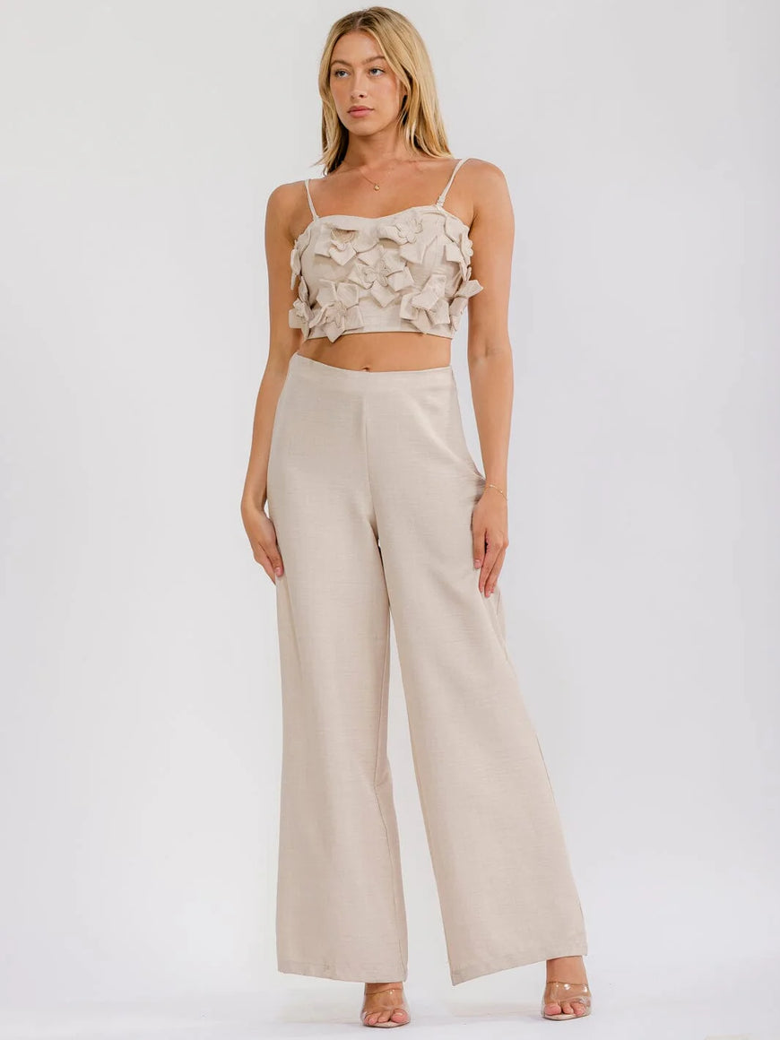 Sleeveless Crop Top & 2-Piece Pants Set : Petals & Prosecco Flower Detail Top & Zip Up Pants