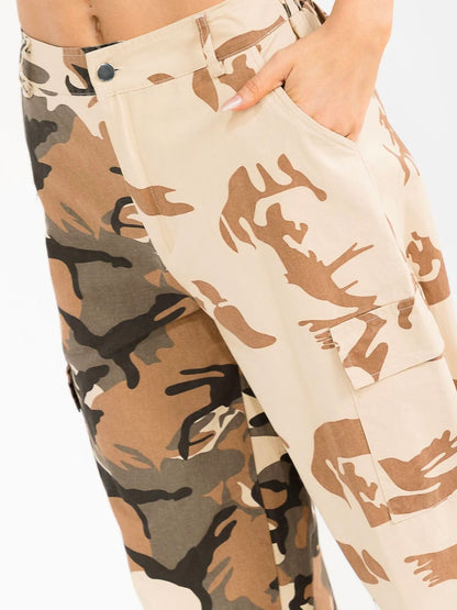 Camo Cargo Pockets Print Joggers: Weekend Warrior Button Closure Denim Pants