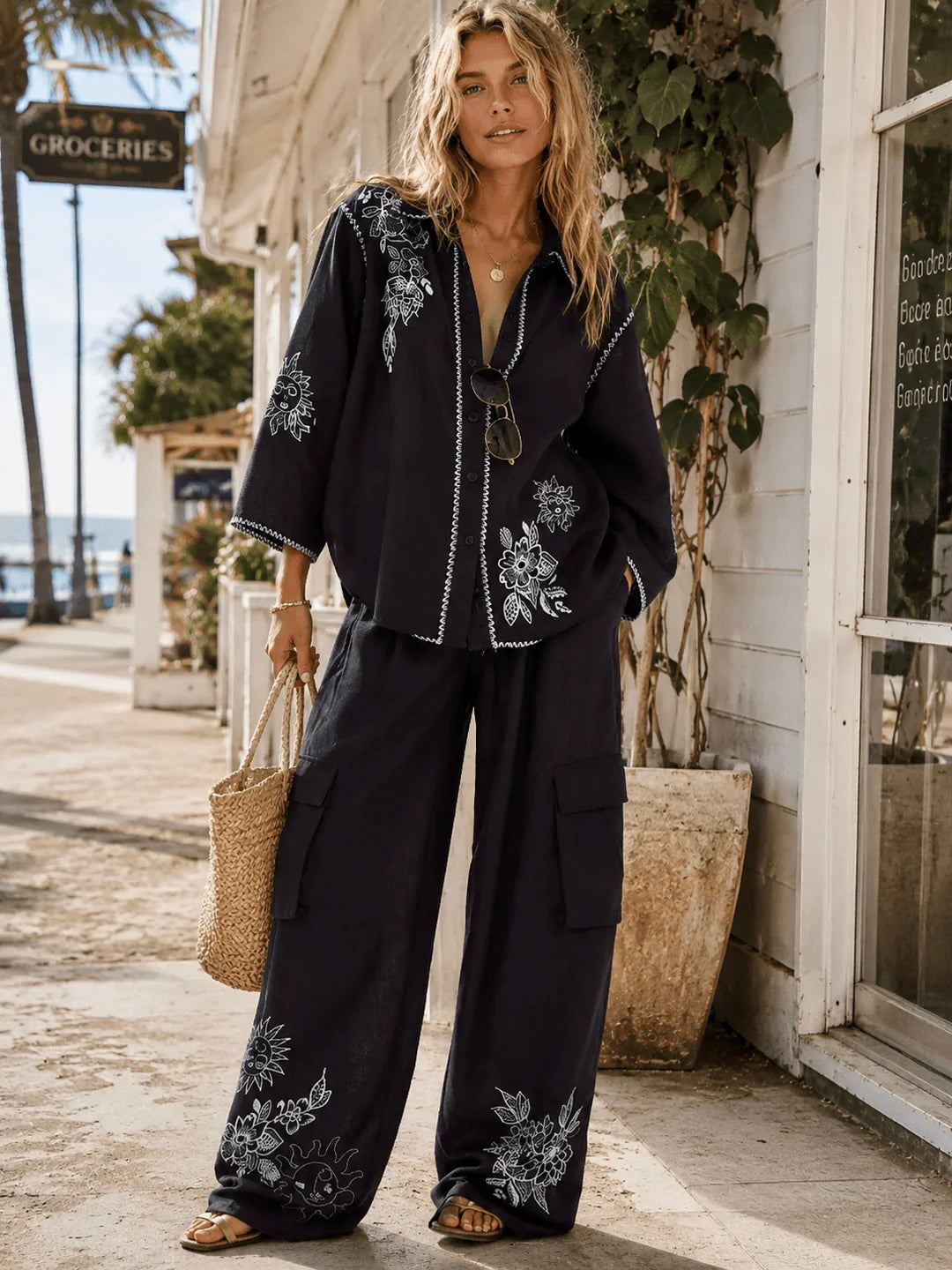Embroidered Like Wide Leg Pant Set: Midnight Obsession