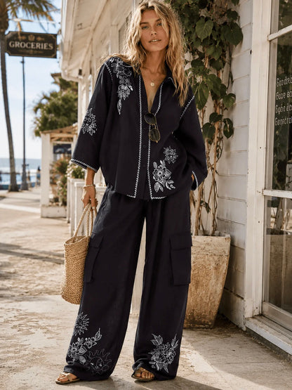 Embroidered Like Wide Leg Pant Set: Midnight Obsession