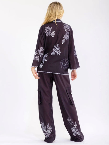 Embroidered Like Wide Leg Pant Set: Midnight Obsession