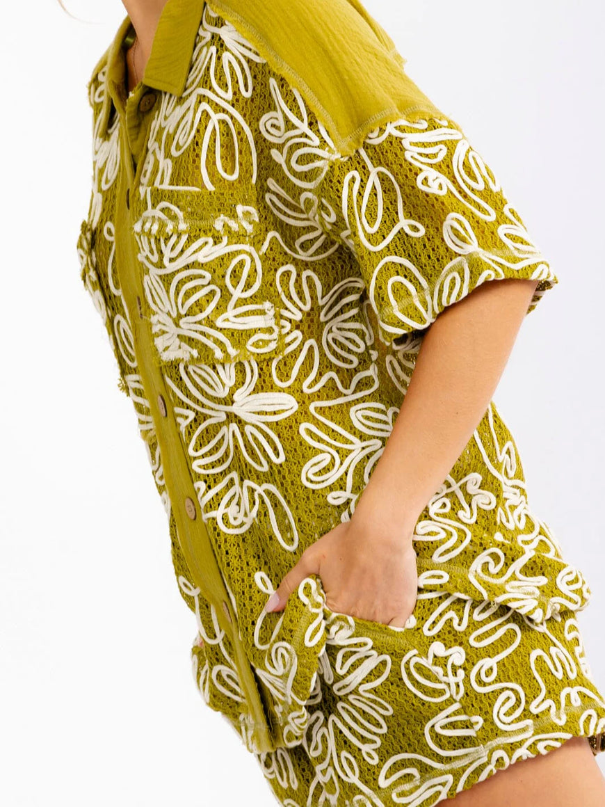 Olive 2-Piece Crochet Set : Tropical Breeze Sleeve Blouse & Elastic Waist Shorts