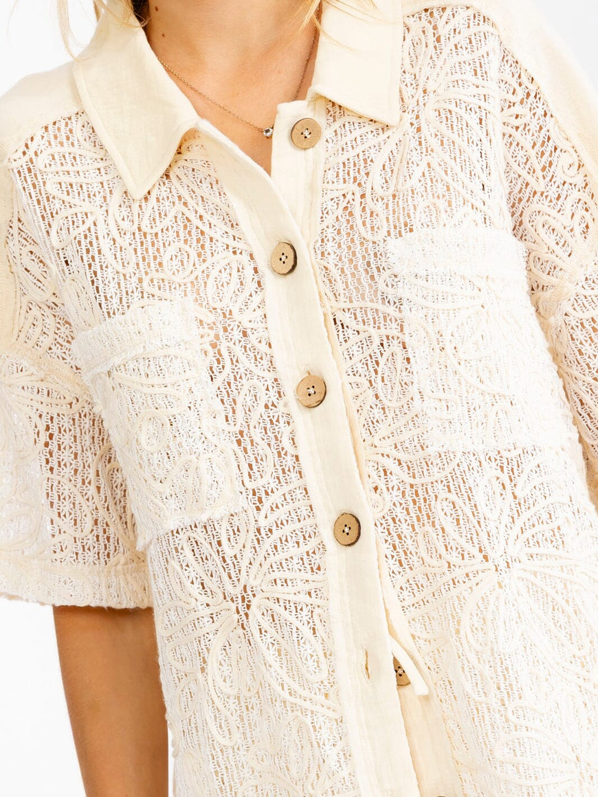 Natural 2-Piece Crochet Set : Tropical Breeze Sleeve Blouse & Elastic Waist Shorts