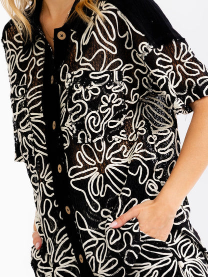 Black 2-Piece Crochet Set : Tropical Breeze Sleeve Blouse & Elastic Waist Shorts