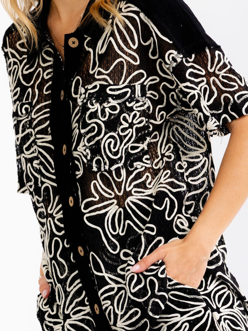 Black 2-Piece Crochet Set : Tropical Breeze Sleeve Blouse & Elastic Waist Shorts