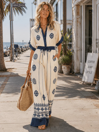 Printed Wide Leg Jumpsuit: Cabo Oasis