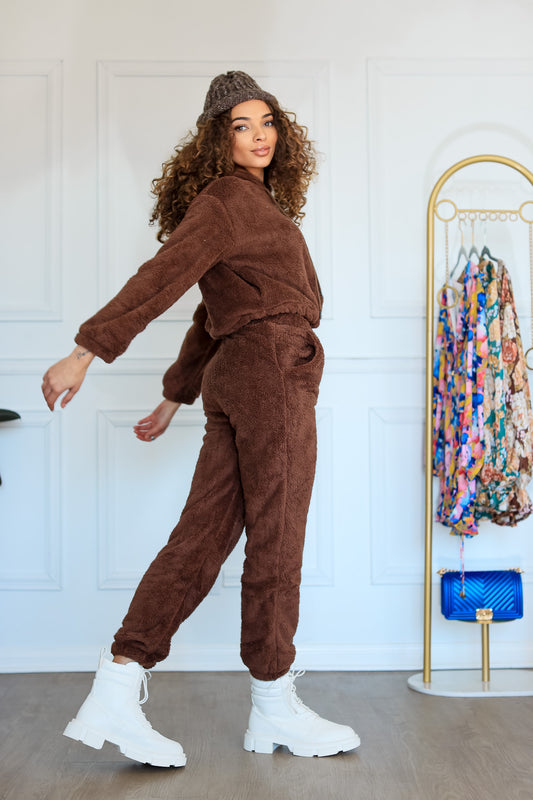 Cropped Hoodie Jogger Set: Teddy Purrr Sherpa Two Piece in Cocoa
