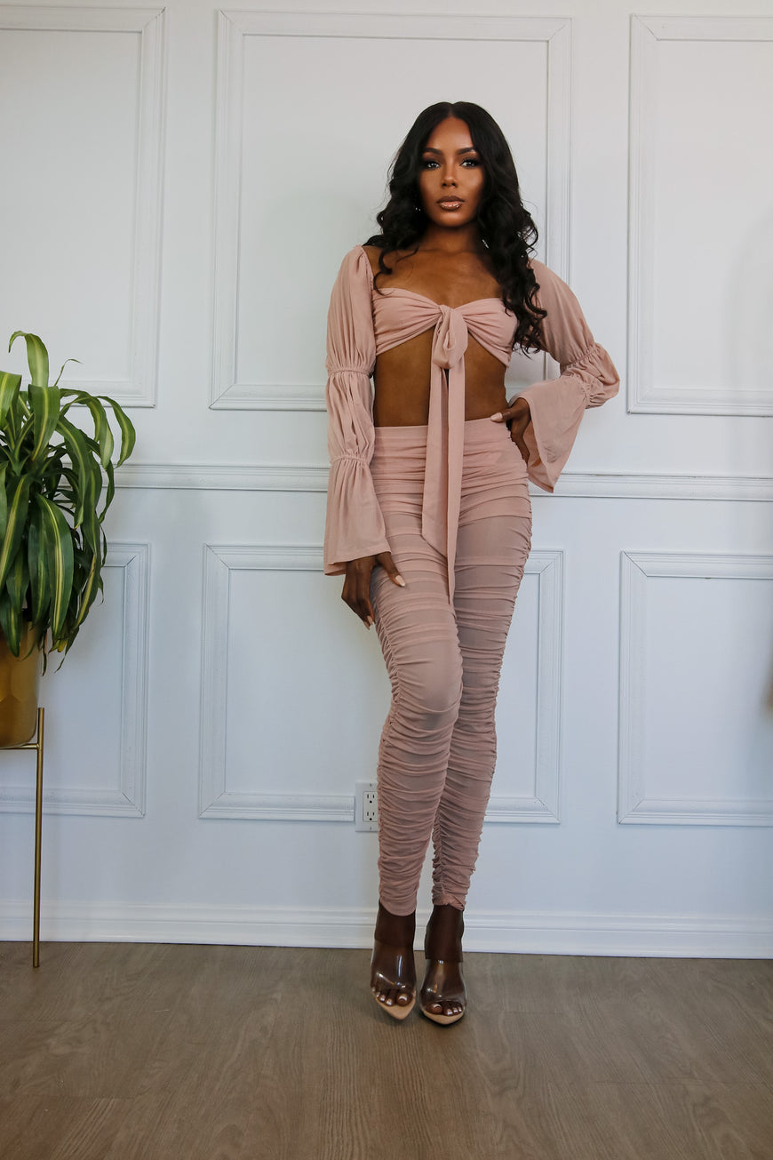 Beautiful Chaos Off Shoulder Blush Tie Front Crop & Ruched Pant Sets