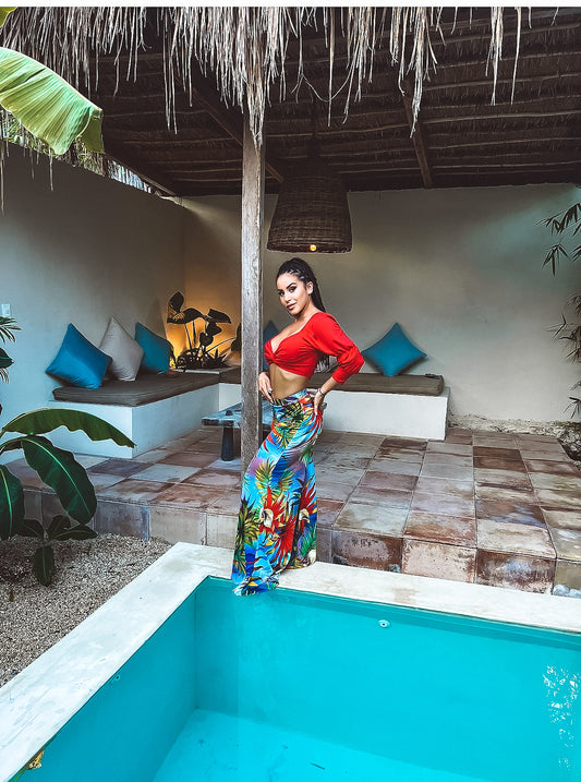 Crop Top and Trouser Set: Cabana Life Red Top and Floral Pants