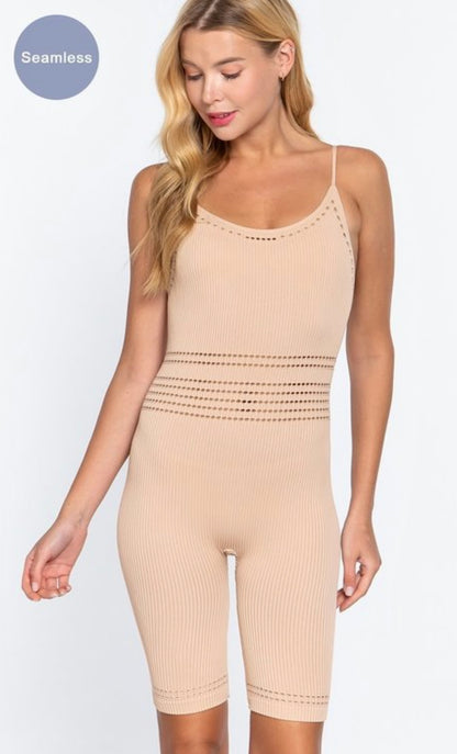 Round Neck Romper: Bold Vibes Seamless Ribbed in Beige