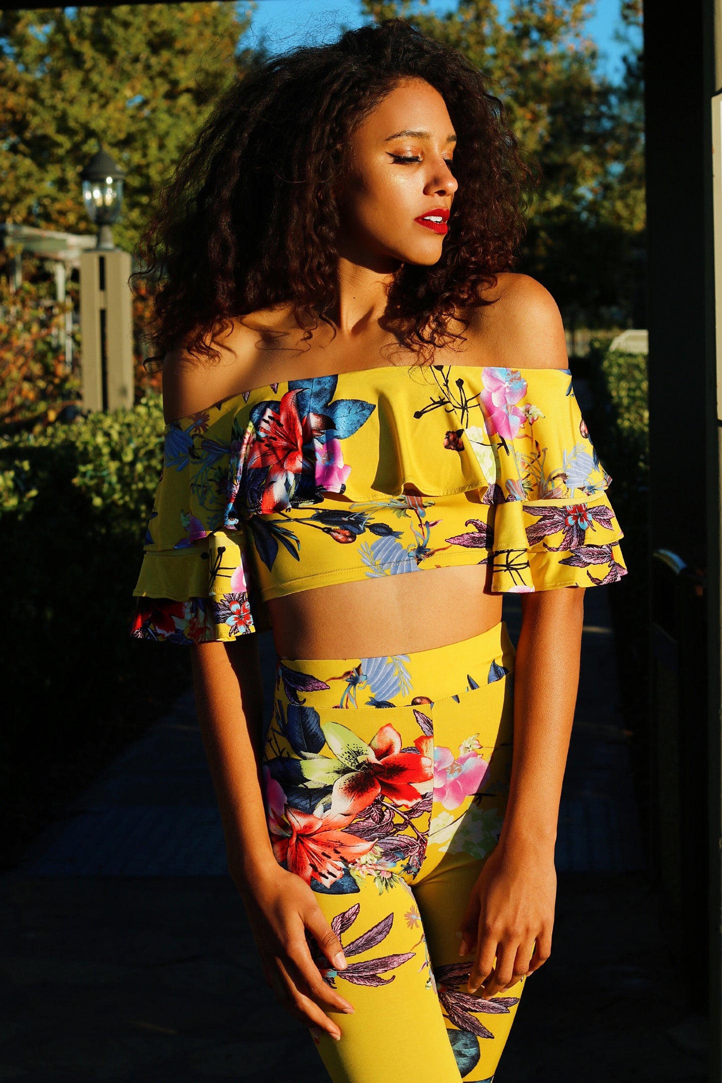 Yellow Top And Pants Set: In Bloom Ruffle Top Floral Pattern