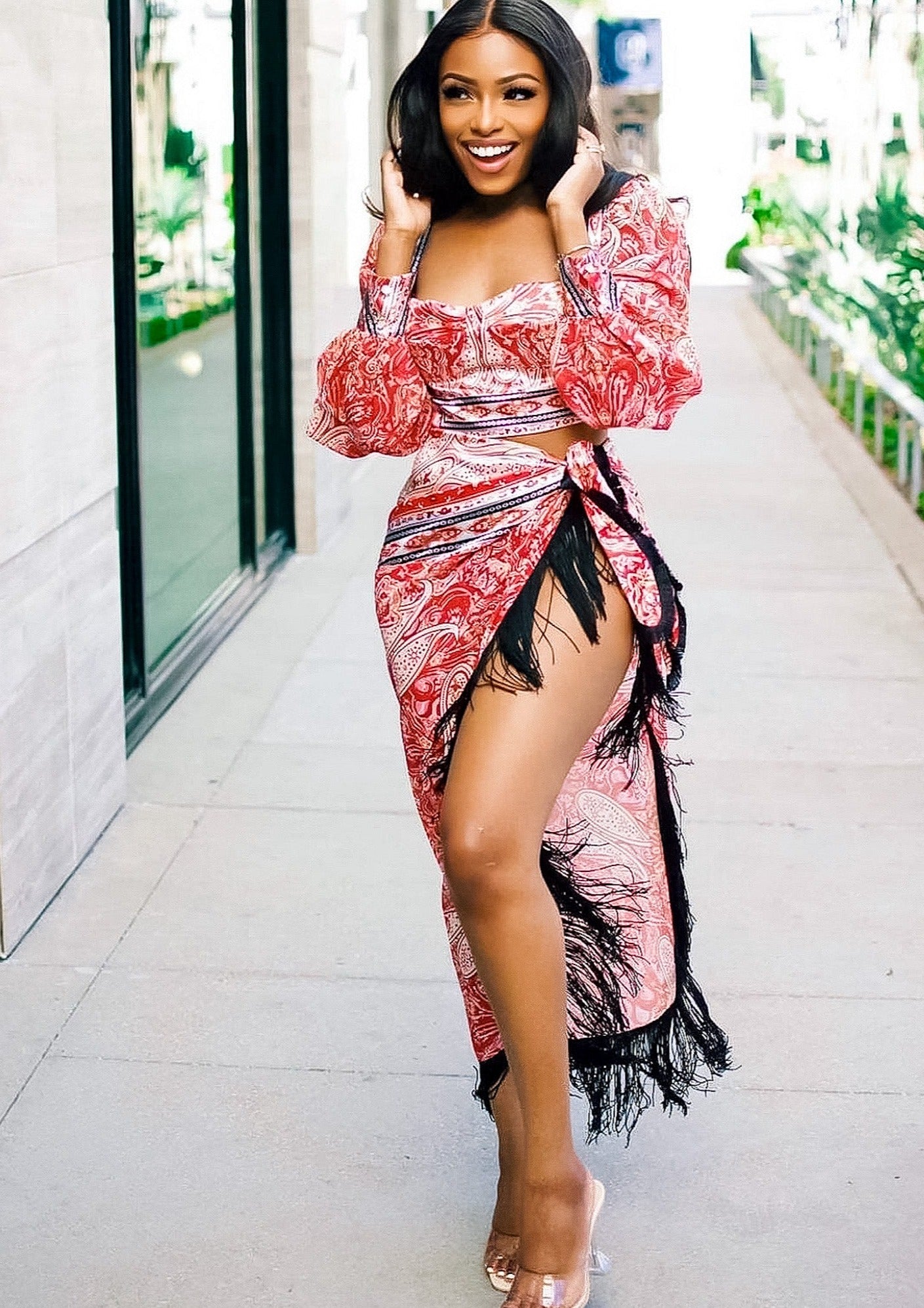 Top and Wrap Set: Show Stopper Crop Top and Fringe High low Skirt
