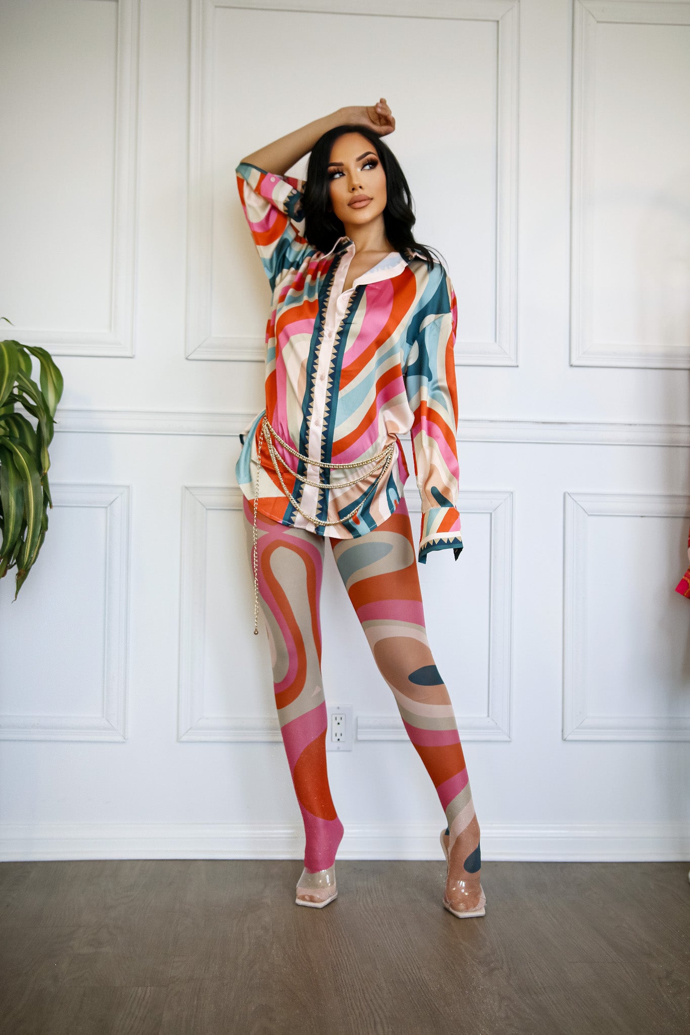 Button Down Shirt and Mesh Printed Scarf Tights Set: Rule Breaker