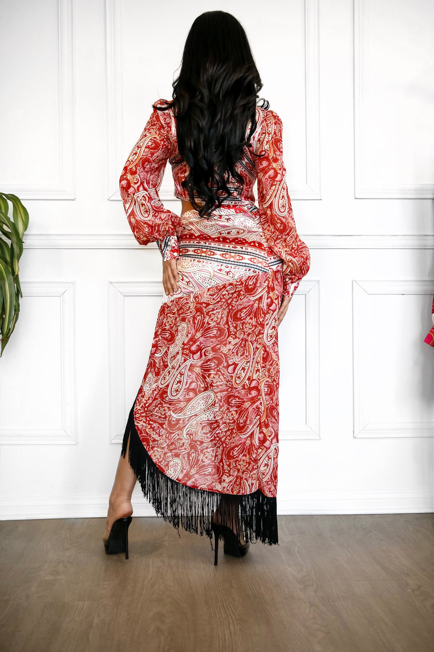 Show Stopper Paisley Print Crop Top and Fringe High low Skirt Wrap Set