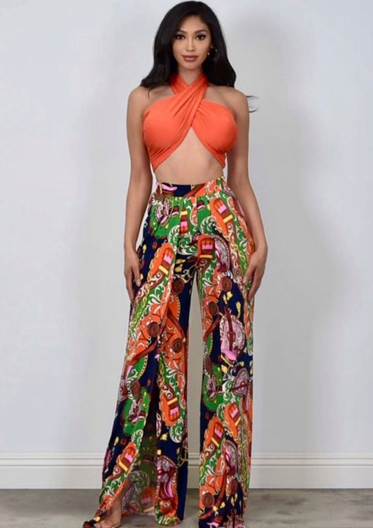 Palazzo Pants With Crop Top Set: Cabana Bay Orange