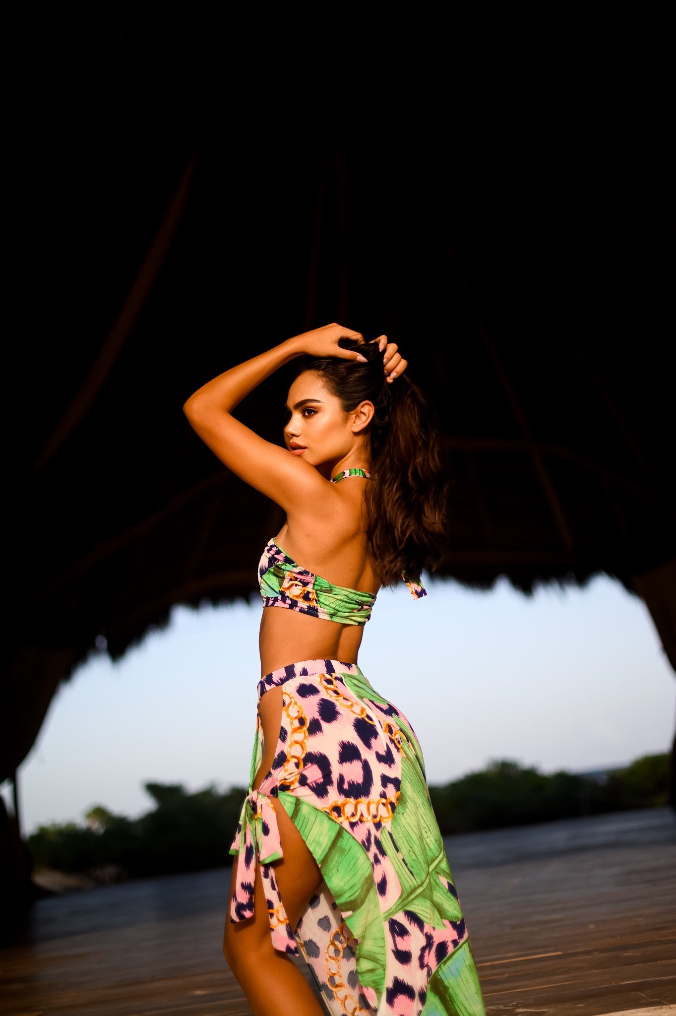 Skirt Set: Asymmetric Tropical Safari Mix Print Skirt & Top