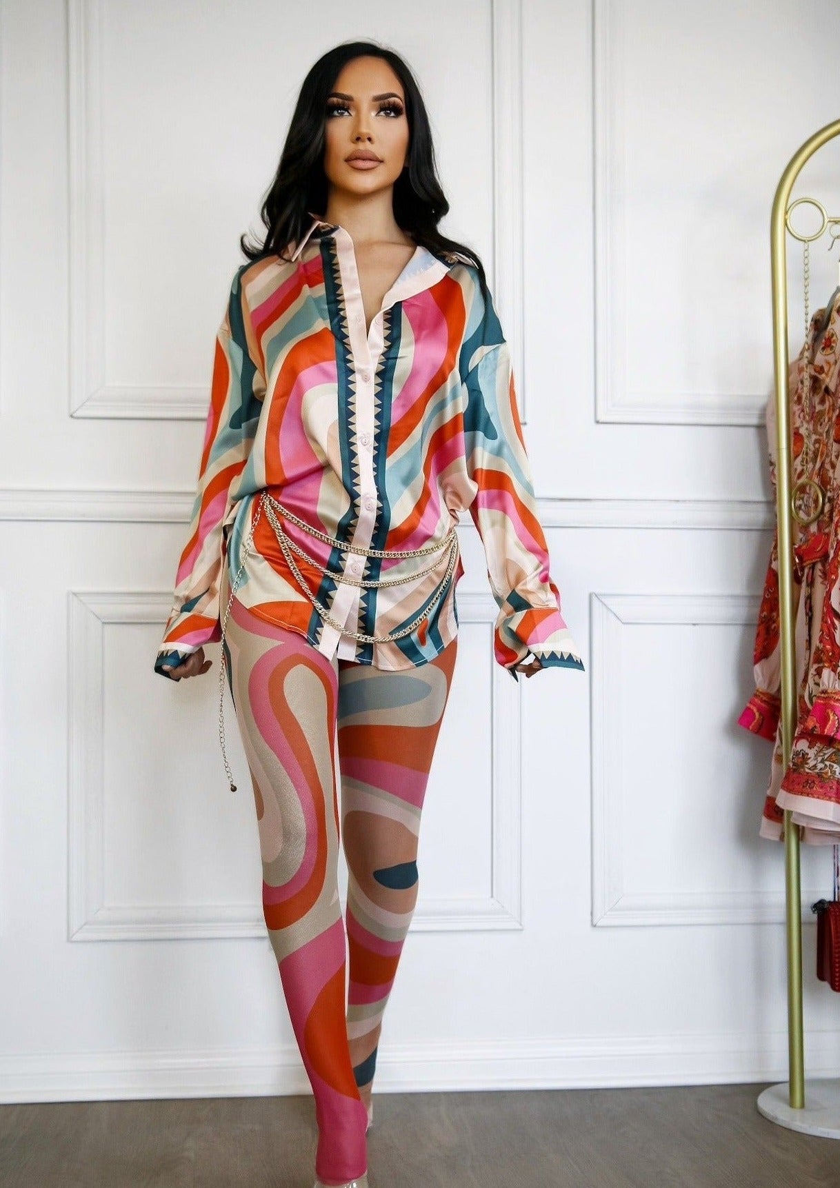Button Down Shirt and Mesh Printed Scarf Tights Set: Rule Breaker