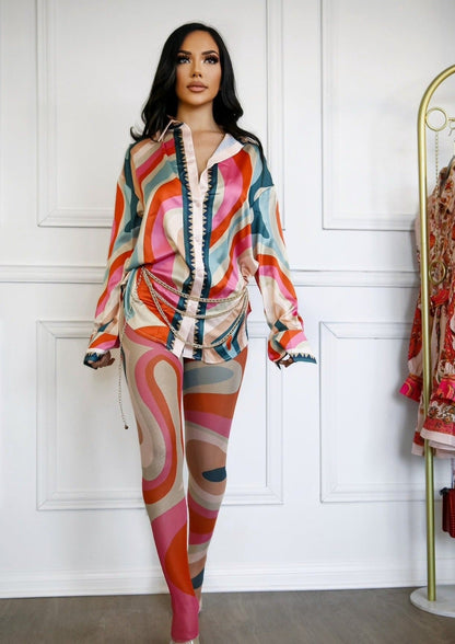 Button Down Shirt and Mesh Printed Scarf Tights Set: Rule Breaker