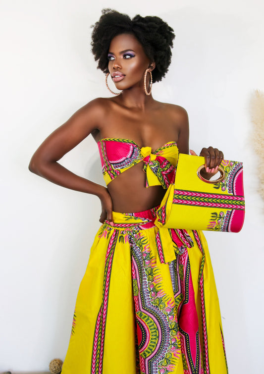 African Skirt Set: Royal Elegance Strapless Top in Yellow