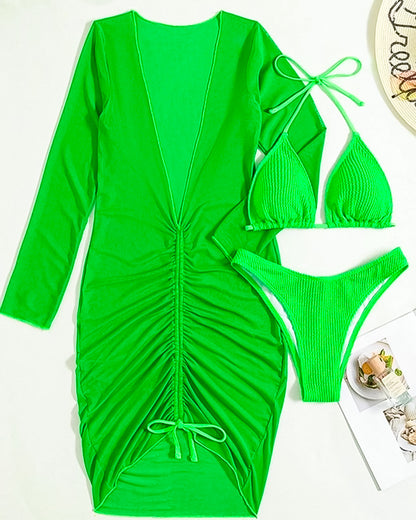 3 Piece Bikini Set With Cover Up: Main Squeeze in Green
