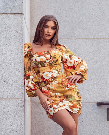 Ruched Mini Dress: La Jolie Fleur Floral Print with Long Sleeves