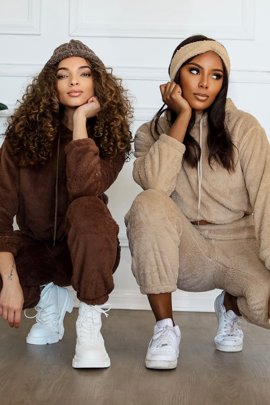 Teddy Purrr Sherpa Cocoa Cropped Hoodie & Cuffed Jogger Set